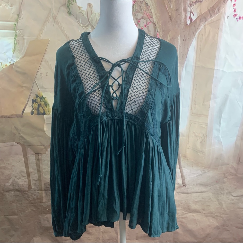 Free People Pebbled Dont Let Go Peasant Top Deep Forest - Picture 3 of 13